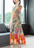 Momentlover Vintage O-Neck Print Silk Vacation Long Dresses Long Sleeve LY1792