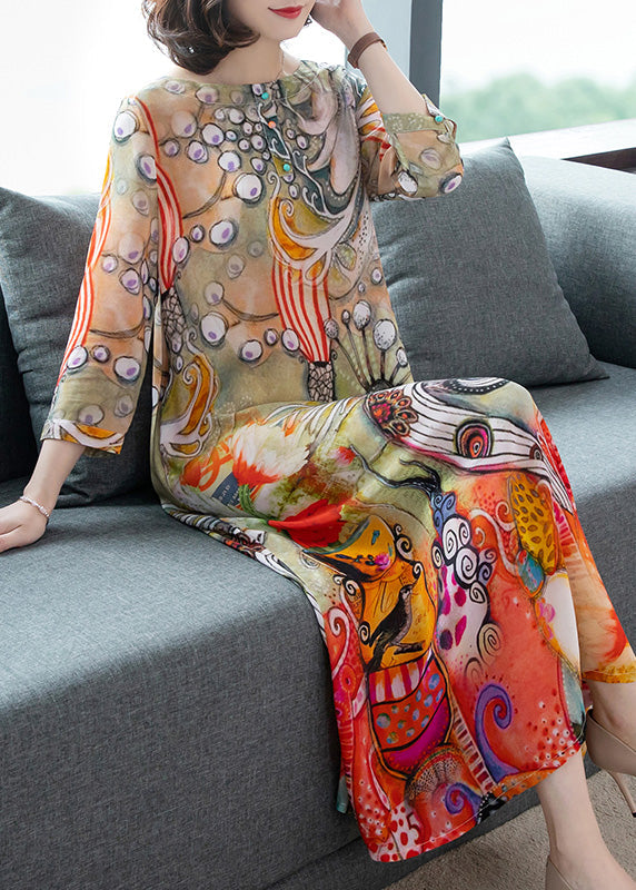 Momentlover Vintage O-Neck Print Silk Vacation Long Dresses Long Sleeve LY1792
