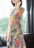 Momentlover Vintage O-Neck Print Silk Vacation Long Dresses Long Sleeve LY1792