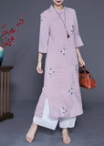Momentlover Vintage Purple Embroideried Chinese Button Linen Long Dresses Bracelet Sleeve LY1945