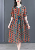 Momentlover Vintage V Neck Print Wrinkled Tie Waist Long Dresses Summer LY1777