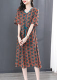 Momentlover Vintage V Neck Print Wrinkled Tie Waist Long Dresses Summer LY1777