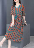 Momentlover Vintage V Neck Print Wrinkled Tie Waist Long Dresses Summer LY1777