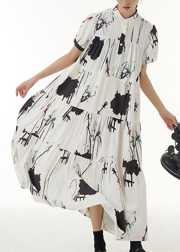 Momentlover Vintage White Stand Collar Wrinkled Print Chiffon Dresses Summer LY1214
