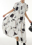 Momentlover Vintage White Stand Collar Wrinkled Print Chiffon Dresses Summer LY1214
