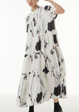 Momentlover Vintage White Stand Collar Wrinkled Print Chiffon Dresses Summer LY1214