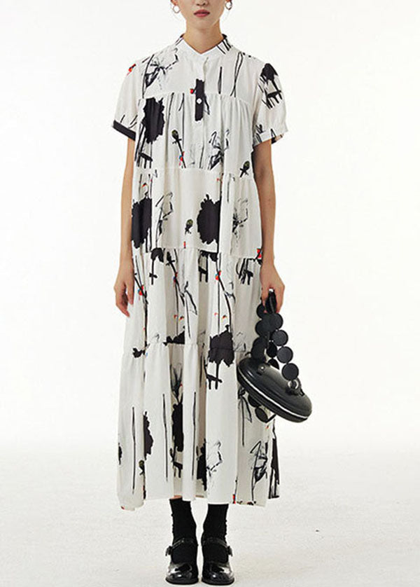 Momentlover Vintage White Stand Collar Wrinkled Print Chiffon Dresses Summer LY1214