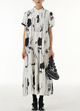 Momentlover Vintage White Stand Collar Wrinkled Print Chiffon Dresses Summer LY1214