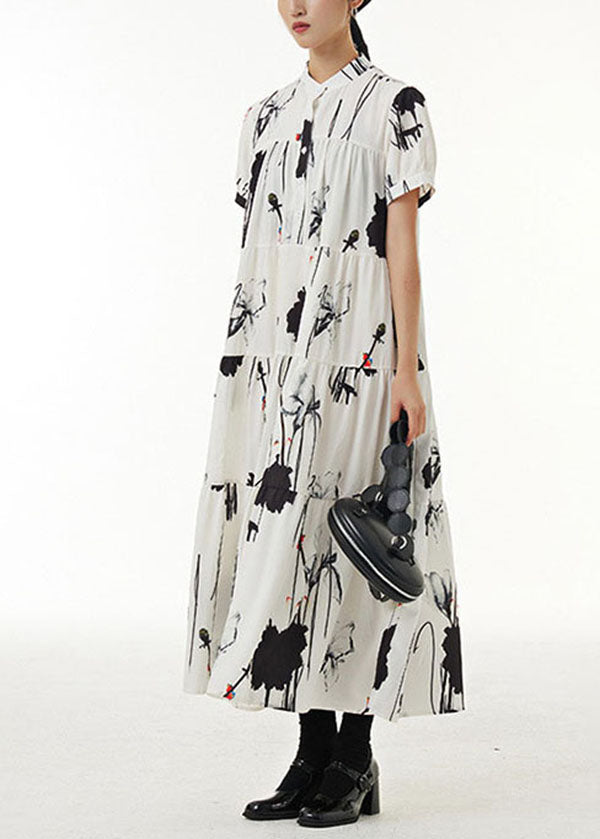 Momentlover Vintage White Stand Collar Wrinkled Print Chiffon Dresses Summer LY1214