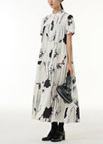 Momentlover Vintage White Stand Collar Wrinkled Print Chiffon Dresses Summer LY1214