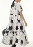 Momentlover Vintage White Stand Collar Wrinkled Print Chiffon Dresses Summer LY1214