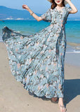 Momentlover Vogue Blue V Neck Print Chiffon Maxi Beach Dresses Summer LY1727