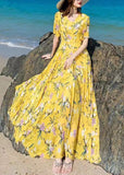 Momentlover Vogue Blue V Neck Print Chiffon Maxi Beach Dresses Summer LY1727