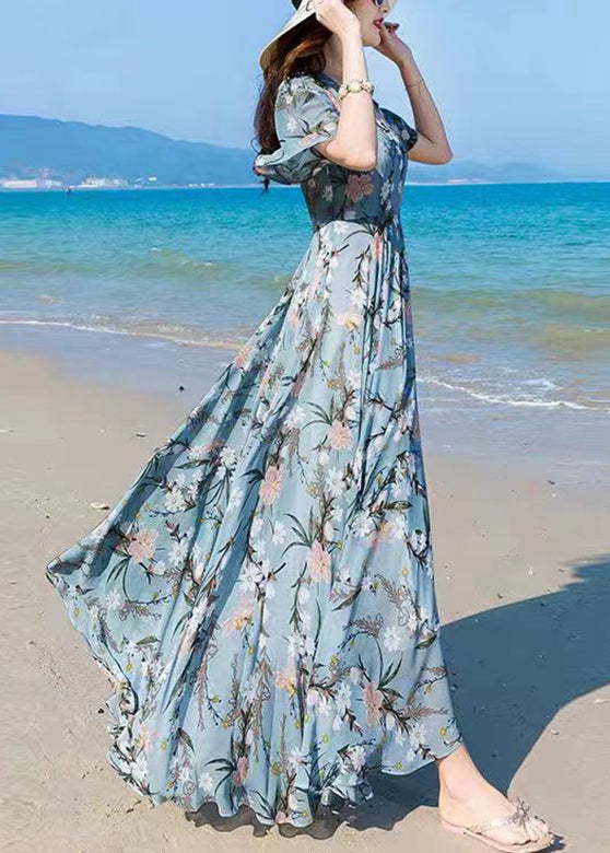Momentlover Vogue Blue V Neck Print Chiffon Maxi Beach Dresses Summer LY1727