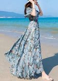 Momentlover Vogue Blue V Neck Print Chiffon Maxi Beach Dresses Summer LY1727