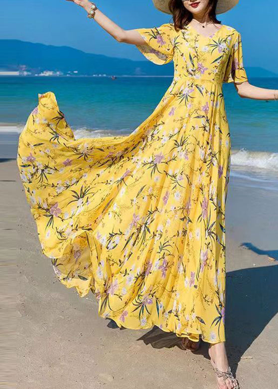 Momentlover Vogue Blue V Neck Print Chiffon Maxi Beach Dresses Summer LY1727