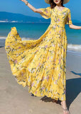 Momentlover Vogue Blue V Neck Print Chiffon Maxi Beach Dresses Summer LY1727