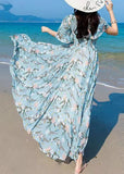 Momentlover Vogue Blue V Neck Print Chiffon Maxi Beach Dresses Summer LY1727
