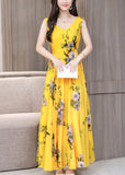 Momentlover Vogue Yellow V Neck Print Chiffon Long Dresses Summer LY1715