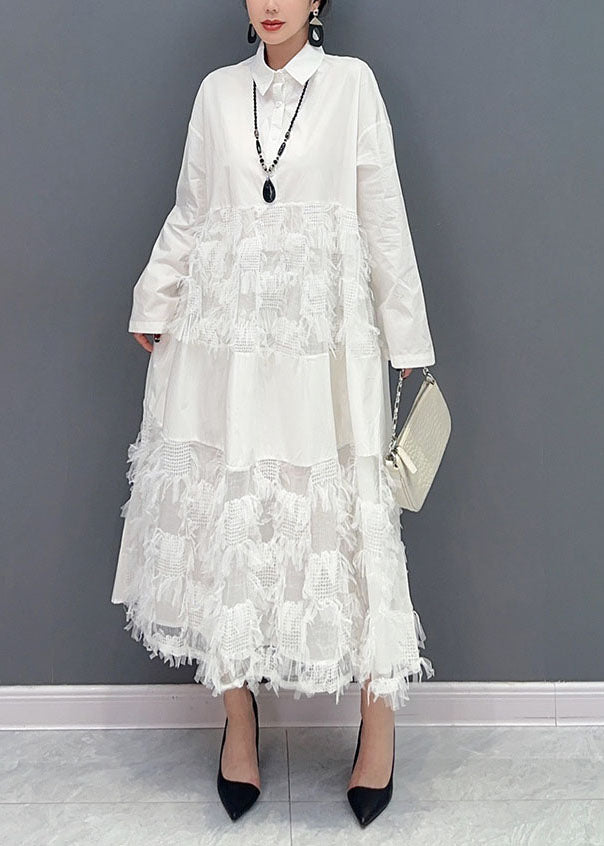 Momentlover White Patchwork Cotton Vacation Dresses Oversized Tassel  Spring LY1579