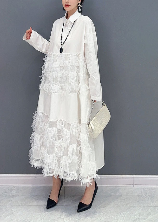 Momentlover White Patchwork Cotton Vacation Dresses Oversized Tassel  Spring LY1579