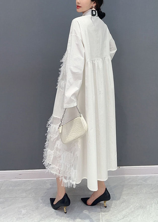 Momentlover White Patchwork Cotton Vacation Dresses Oversized Tassel  Spring LY1579