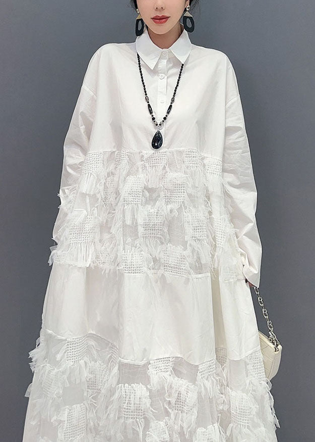 Momentlover White Patchwork Cotton Vacation Dresses Oversized Tassel  Spring LY1579