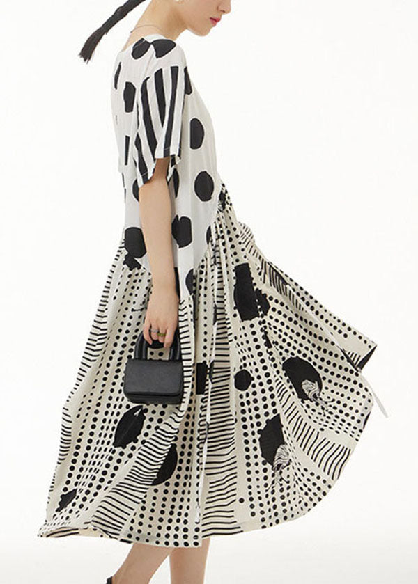 Momentlover White Print Chiffon Dresses Asymmetrical V Neck Wrinkled Summer LY1216