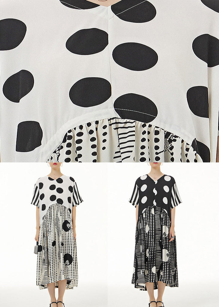 Momentlover White Print Chiffon Dresses Asymmetrical V Neck Wrinkled Summer LY1216