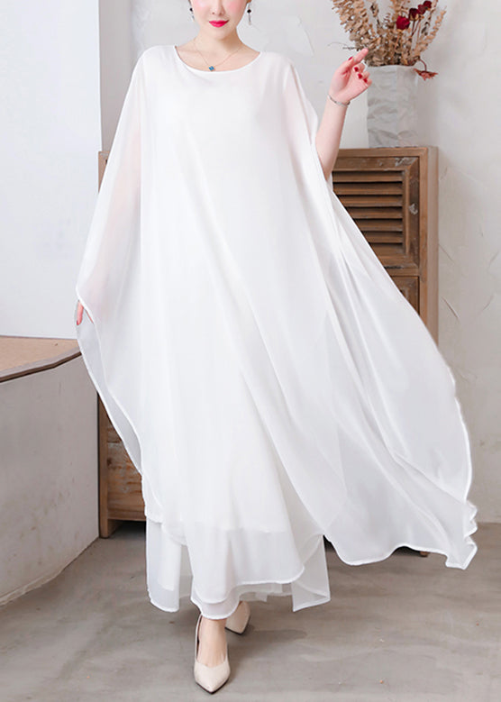 Momentlover White Solid Chiffon Long Holiday Dresses Long Sleeve LY1779
