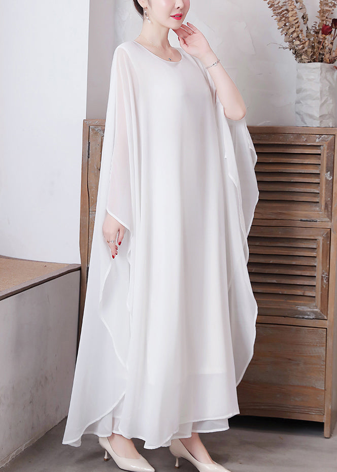 Momentlover White Solid Chiffon Long Holiday Dresses Long Sleeve LY1779