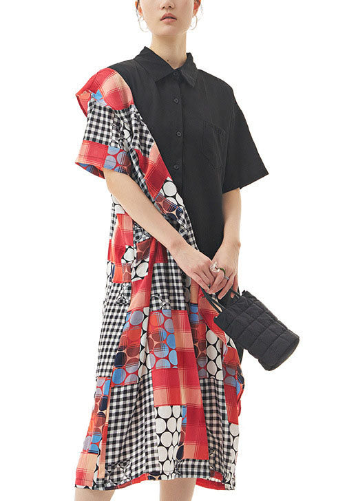 Momentlover Women Black Peter Pan Collar Ruffled Print Patchwork Chiffon Dresses Summer LY1179