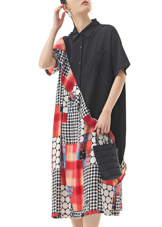 Momentlover Women Black Peter Pan Collar Ruffled Print Patchwork Chiffon Dresses Summer LY1179