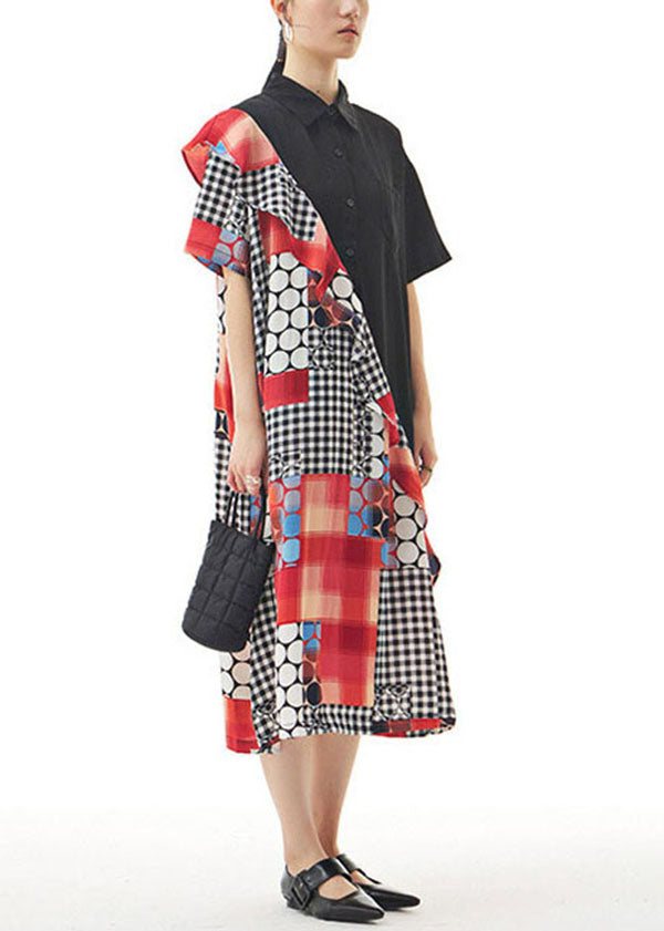 Momentlover Women Black Peter Pan Collar Ruffled Print Patchwork Chiffon Dresses Summer LY1179