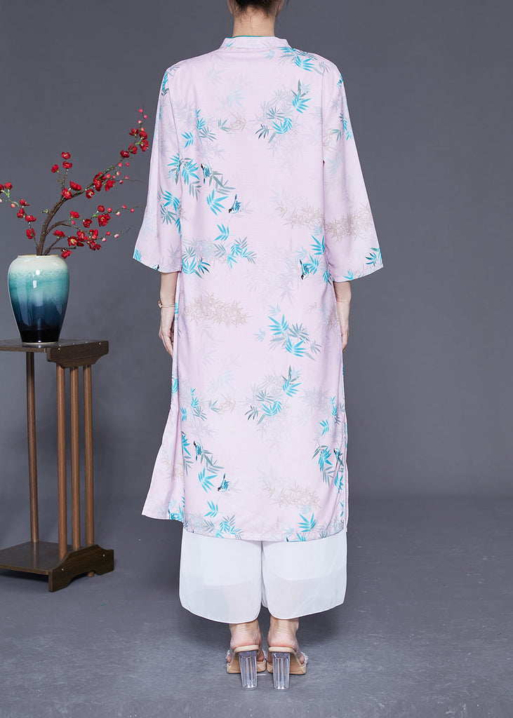 Momentlover Women Light Pink Mandarin Collar Print Cotton Dresses Bracelet Sleeve LY1779