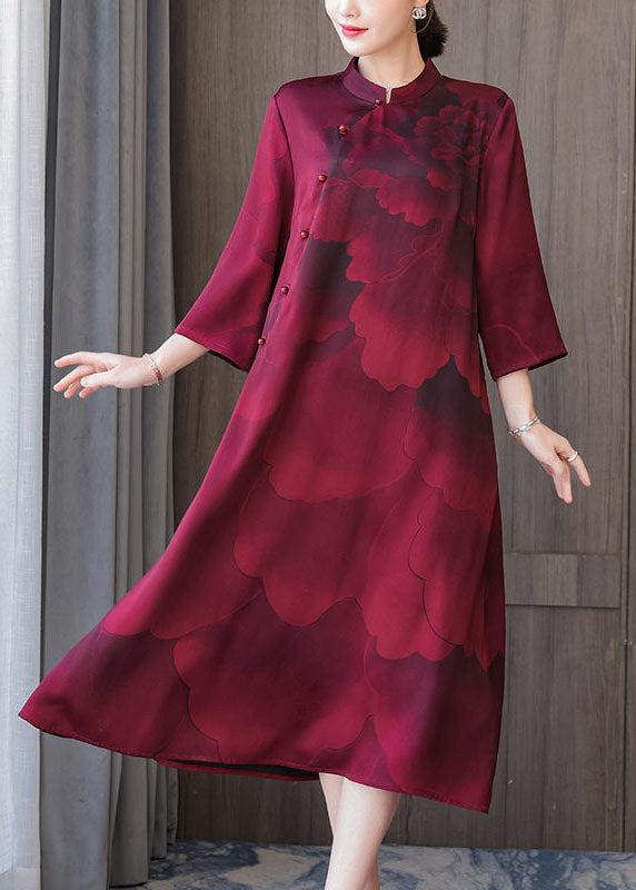 Momentlover Women Red Stand Collar Print Silk Robe Dresses Bracelet Sleeve LY1766