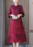 Momentlover Women Red Stand Collar Print Silk Robe Dresses Bracelet Sleeve LY1766