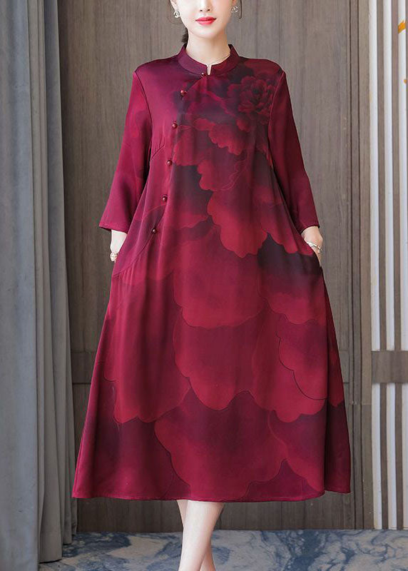 Momentlover Women Red Stand Collar Print Silk Robe Dresses Bracelet Sleeve LY1766