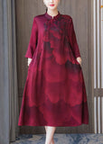 Momentlover Women Red Stand Collar Print Silk Robe Dresses Bracelet Sleeve LY1766