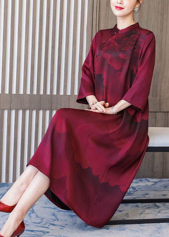 Momentlover Women Red Stand Collar Print Silk Robe Dresses Bracelet Sleeve LY1766
