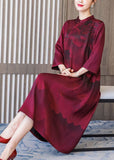 Momentlover Women Red Stand Collar Print Silk Robe Dresses Bracelet Sleeve LY1766