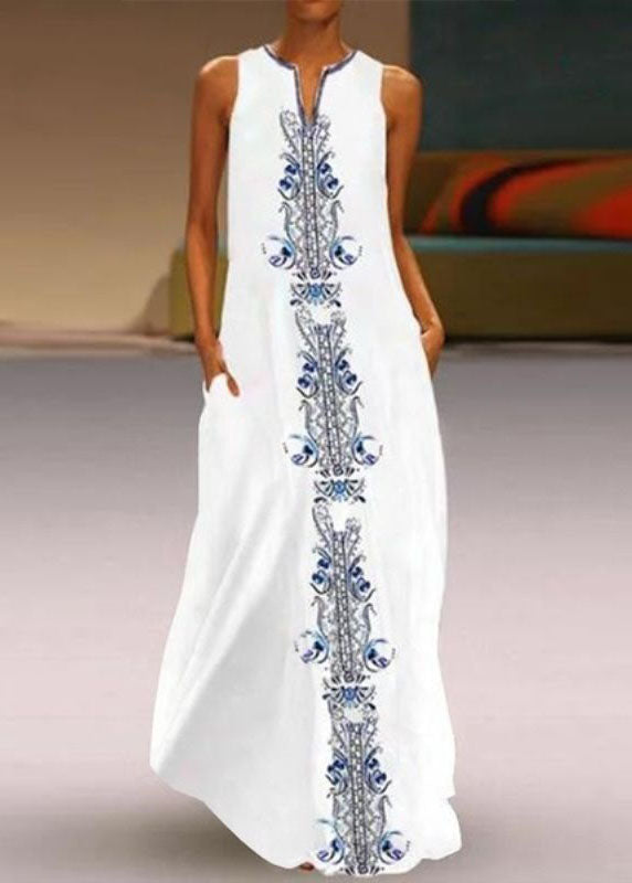 Momentlover Women White V Neck Print Chiffon Vacation Dresses Summer LY1929