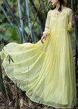 Momentlover Women Yellow V Neck Patchwork Chiffon Vacation Long Dresses Spring LY1797