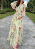 Momentlover Yellow Tie Waist Chiffon Maxi Beach Dresses Long Sleeve LY1695