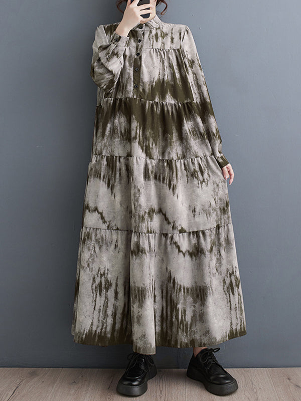 Momentlover Tie-dyed Split-Joint Pleated Loose Long Sleeves Stand Collar Midi Dresses