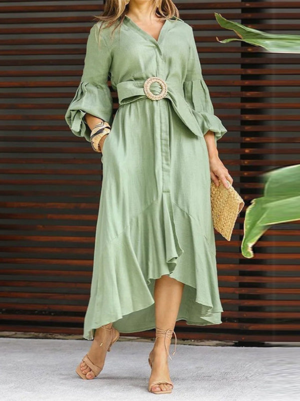 Momentlover Solid Color Pleated Puff Sleeves High-Low V-Neck Maxi Dresses