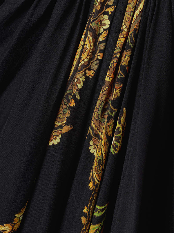 Momentlover Split-Front Printed Contrast Color Loose Flared Sleeves Maxi Dresses