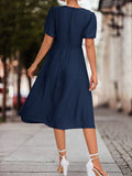 Momentlover Split-Joint Solid Color Pleated Knot Elasticity Short Sleeves Puff Sleeves V-neck Midi Dresses