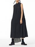 Momentlover Solid Color Pleated Sleeveless Loose Stand Collar Shirt Dress Midi Dresses