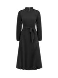 Momentlover Tied Waist Solid Color Pleated Hollow Long Sleeves High Waisted Mock Neck Midi Dresses